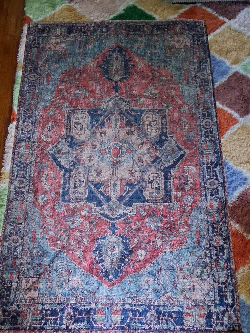 Vintage-Style Area Rug in Red and Blue, 5' X 3', Washable